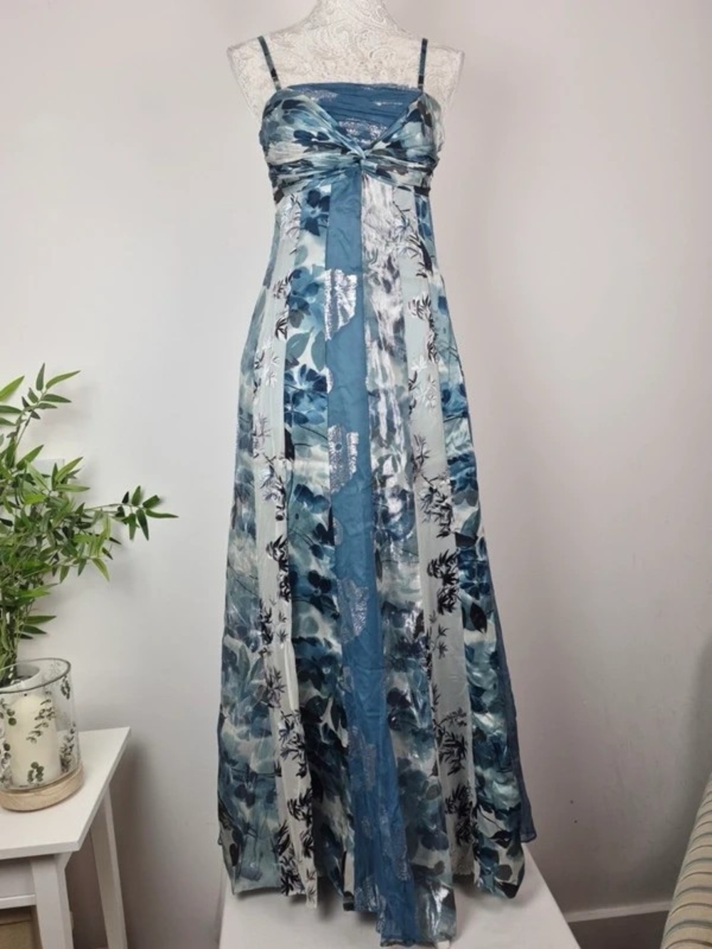 Blue Floral Maxi Dress with Twist Bodice and Spaghetti Straps